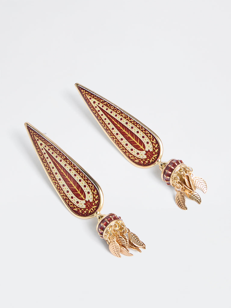 Westside Accessories Gold and Maroon Printed Statement Jhumki Earrings