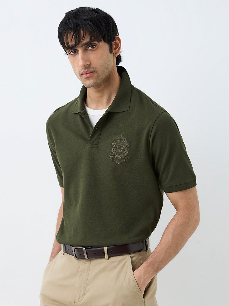 WES Casuals Dark Green Embroidered Relaxed-Fit Polo T-Shirt