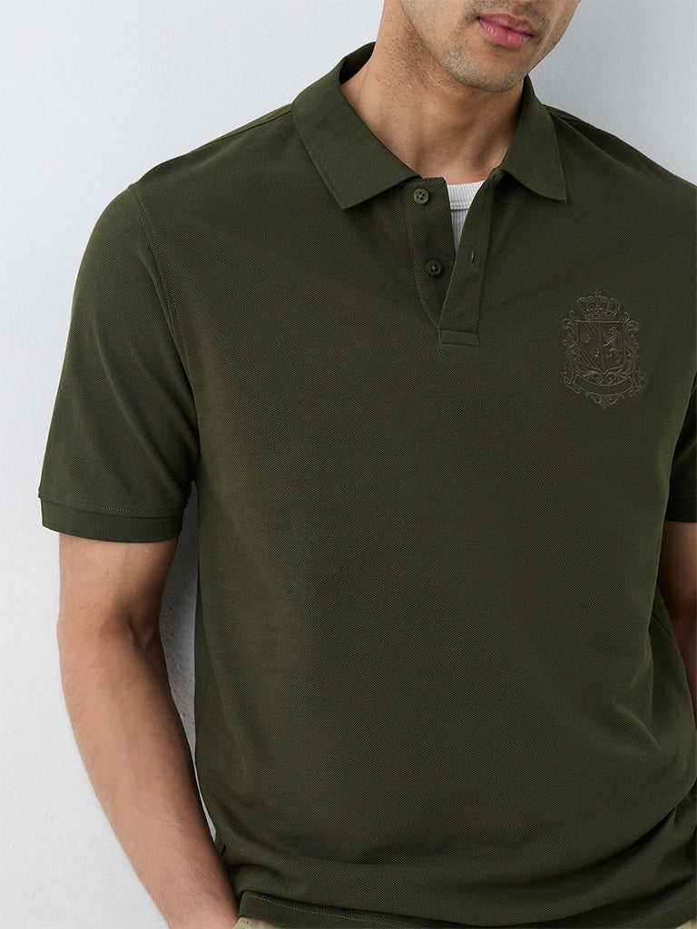 WES Casuals Dark Green Embroidered Relaxed-Fit Polo T-Shirt