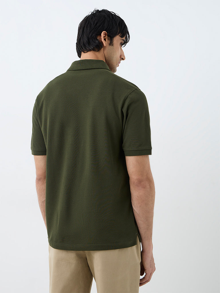 WES Casuals Dark Green Embroidered Relaxed-Fit Polo T-Shirt