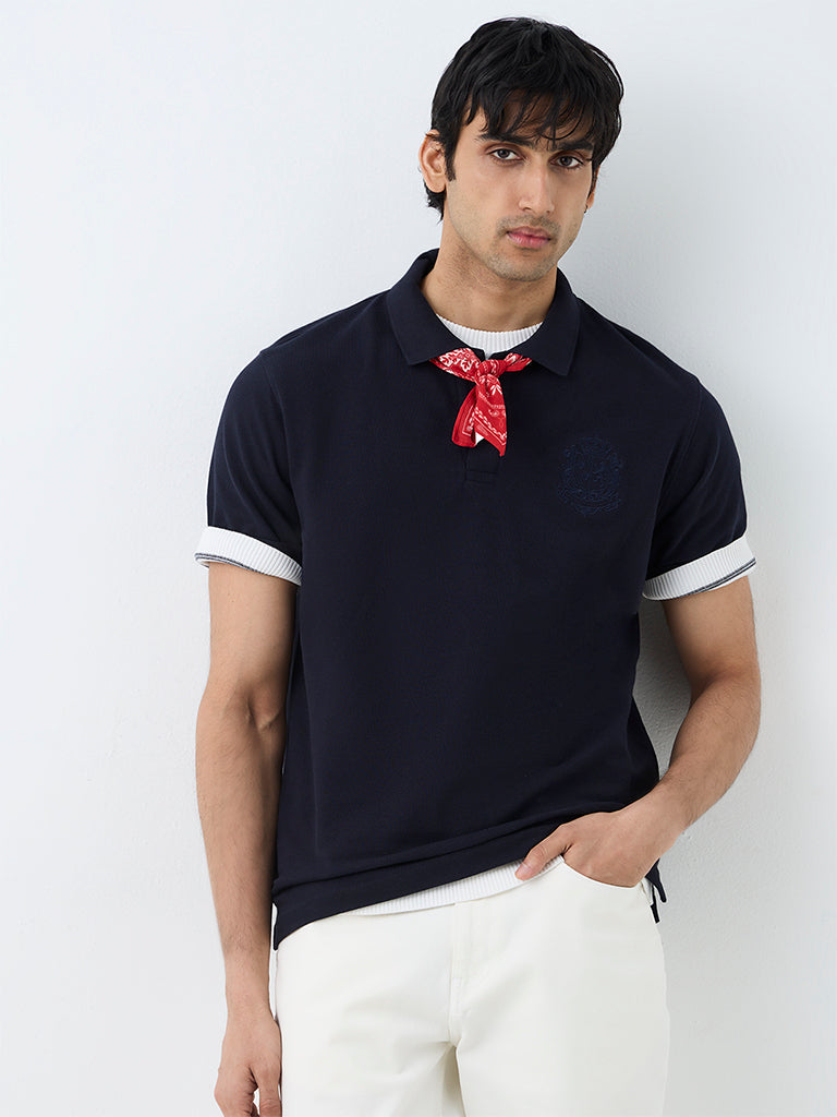 WES Casuals Navy Embroidered Relaxed-Fit Polo T-Shirt