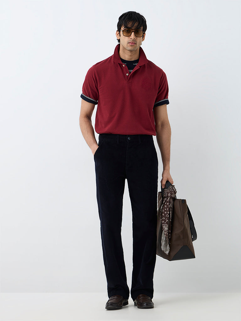 WES Casuals Red Embroidered Relaxed-Fit Polo T-Shirt
