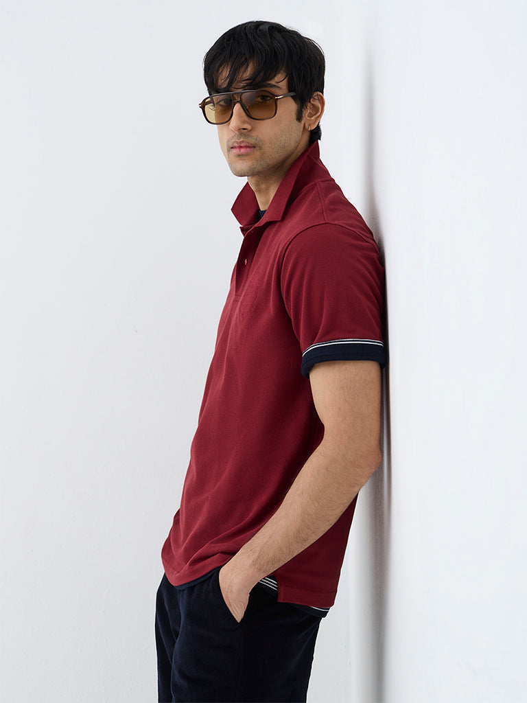 WES Casuals Red Embroidered Relaxed-Fit Polo T-Shirt