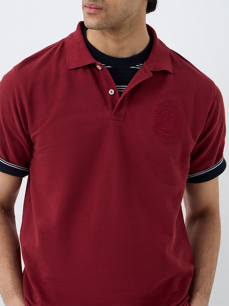 WES Casuals Red Embroidered Relaxed-Fit Polo T-Shirt