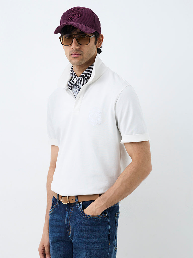 WES Casuals White Embroidered Relaxed-Fit Polo T-Shirt
