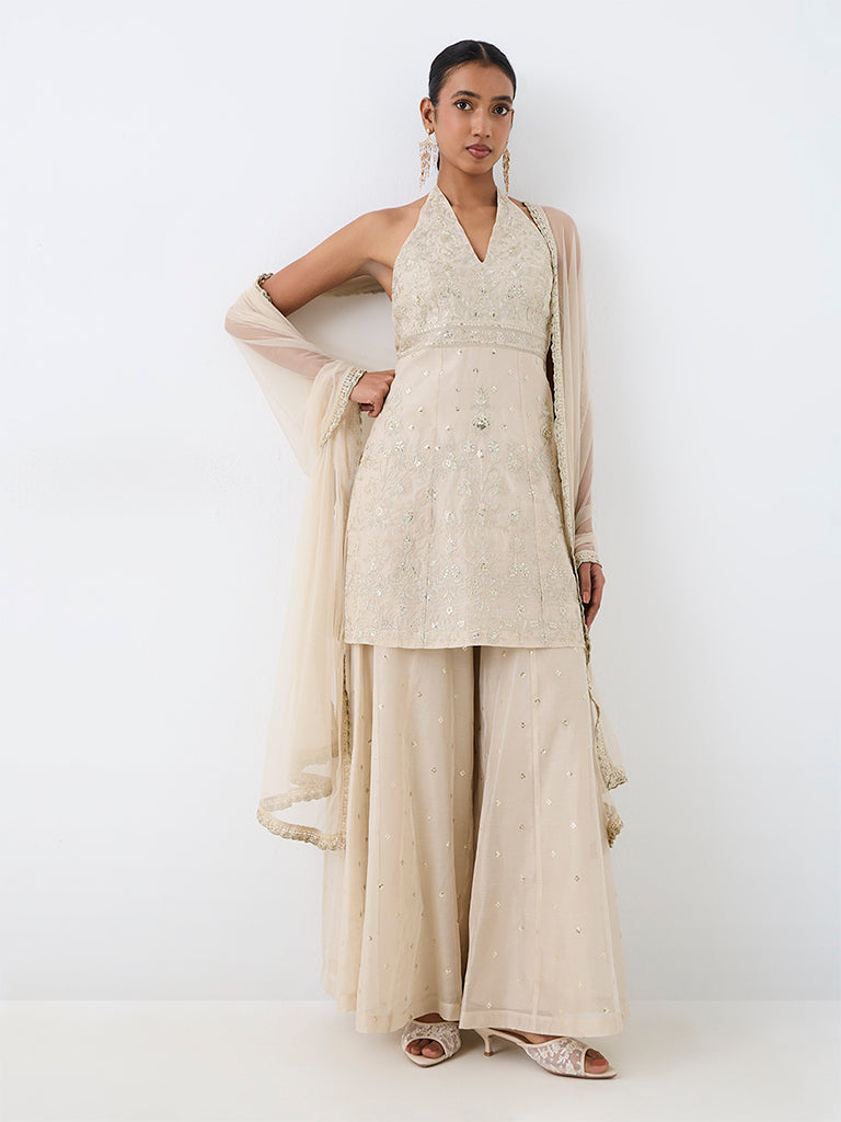 Vark Ivory Floral Embellished Cotton-Blend A-Line Kurta and Flared Palazzos Set