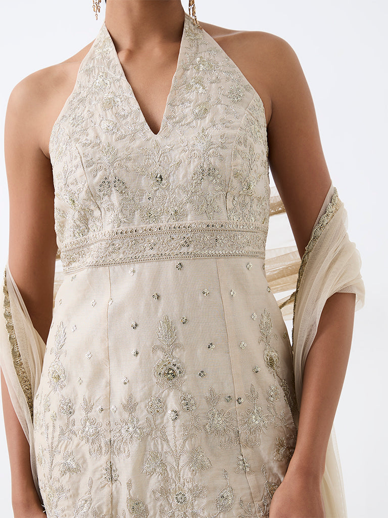 Vark Ivory Floral Embellished Cotton-Blend A-Line Kurta and Flared Palazzos Set