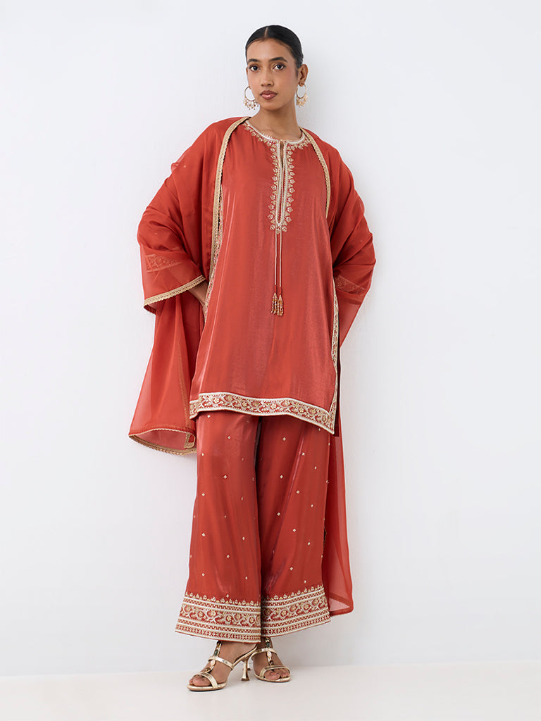 Vark Rust Floral Embellished Straight Ethnic Set