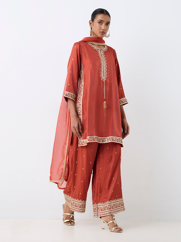 Vark Rust Floral Embellished Straight Ethnic Set