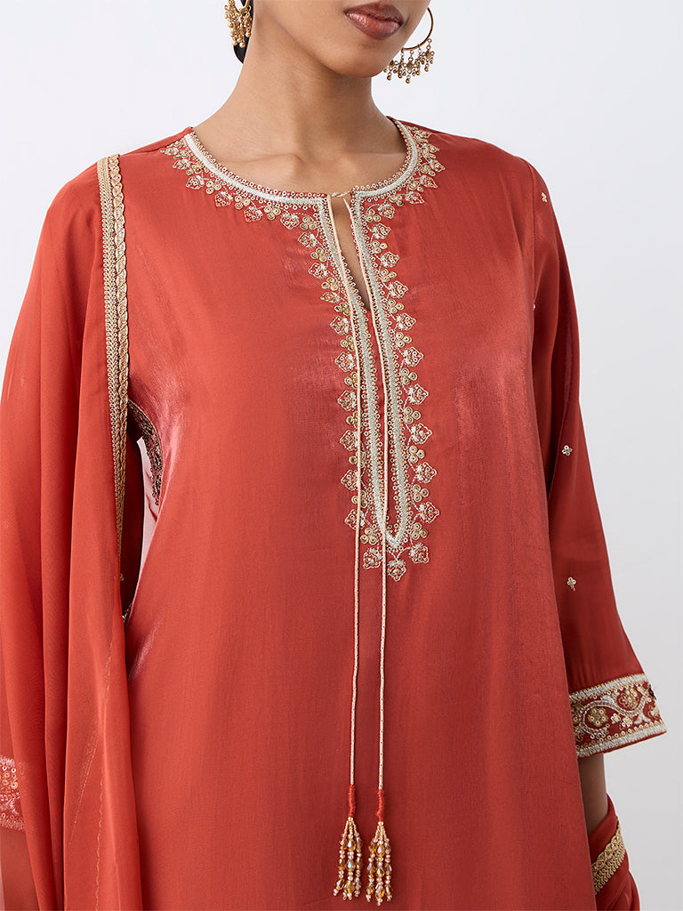 Vark Rust Floral Embellished Straight Ethnic Set