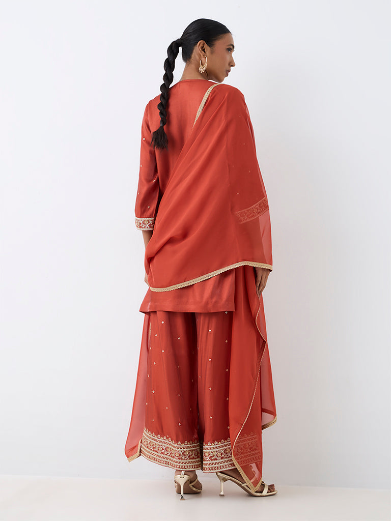 Vark Rust Floral Embellished Straight Ethnic Set