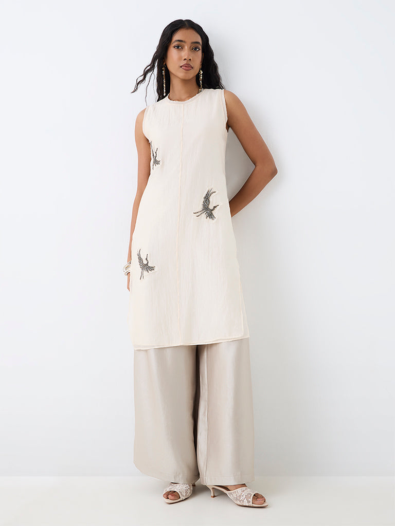 Vark Off-White Bird Embellished A-Line Ethnic Set