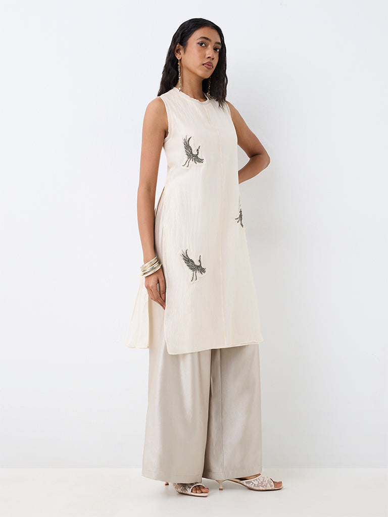 Vark Off-White Bird Embellished A-Line Ethnic Set