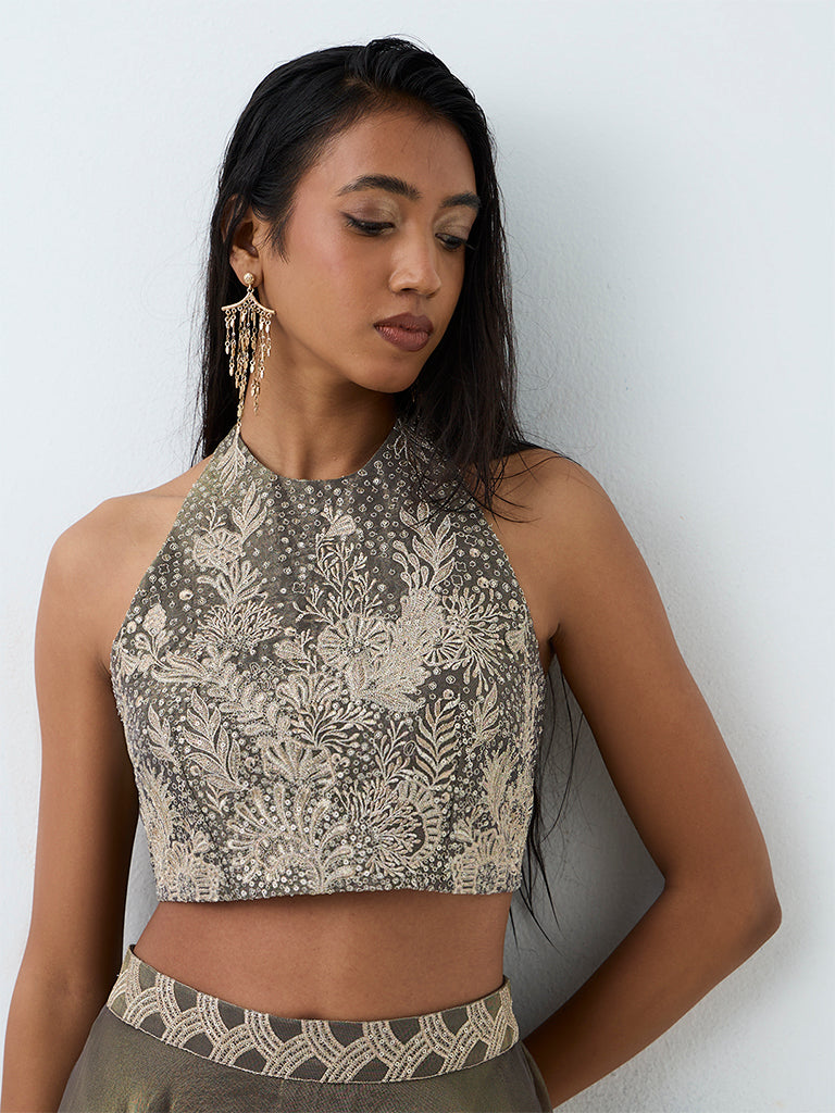 Vark Grey Floral Embroidered Crop Top