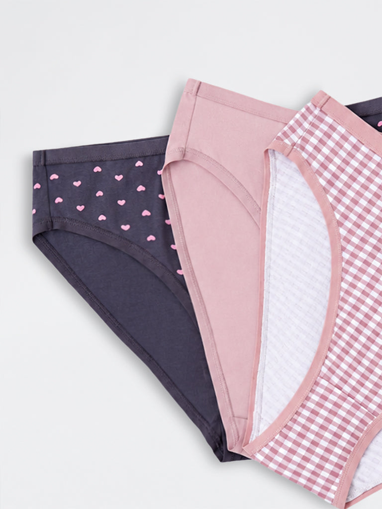 Wunderlove Pink Gingham Checkered Cotton-Blend Hi-Leg Briefs - Pack of 3