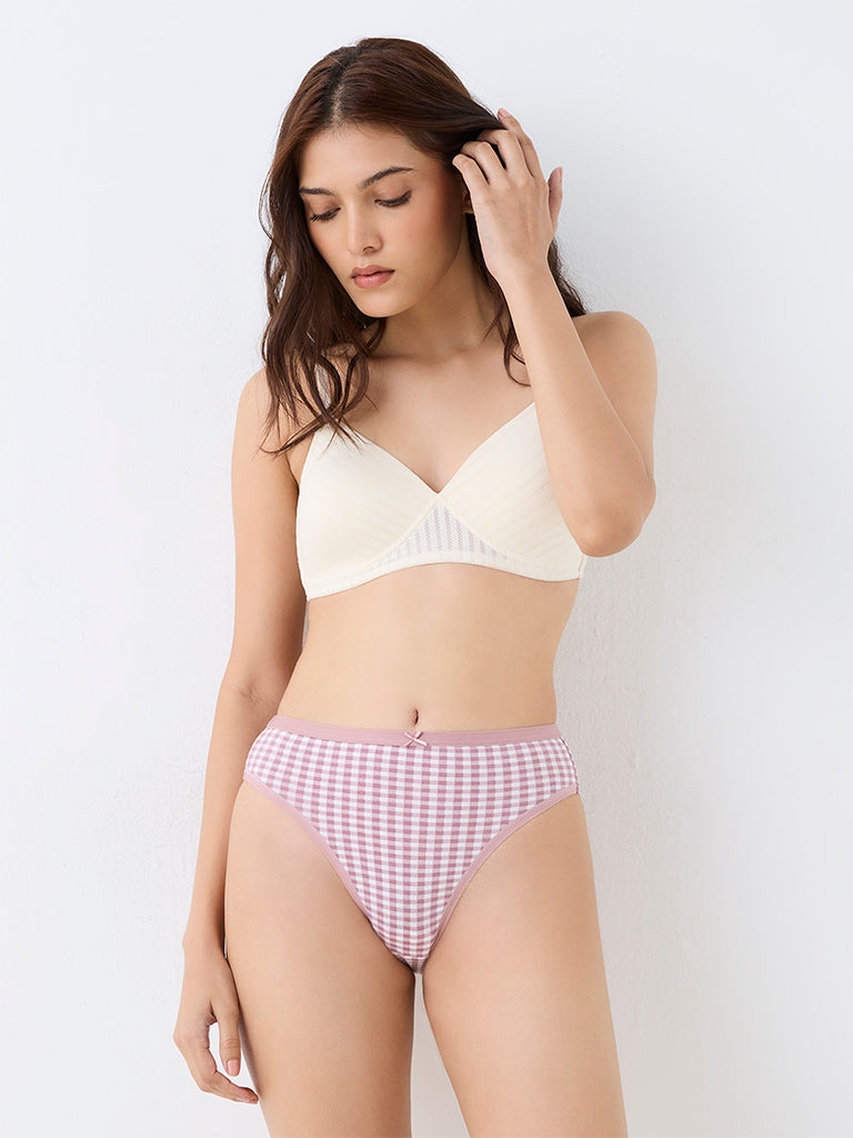 Wunderlove Pink Gingham Checkered Cotton-Blend Hi-Leg Briefs - Pack of 3