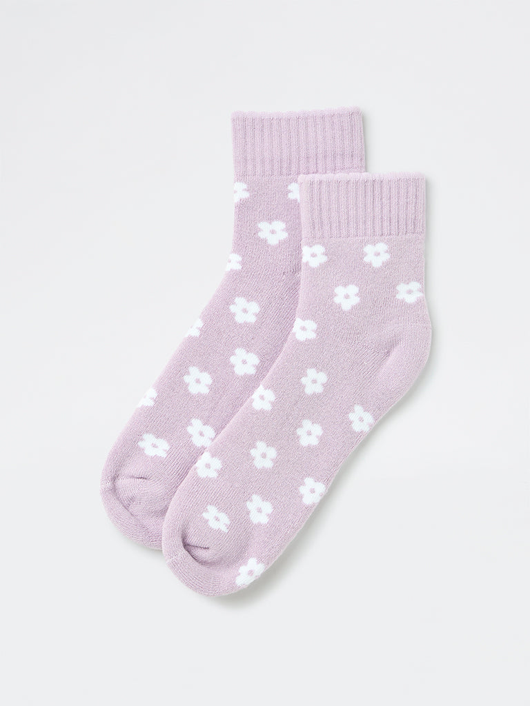 Wunderlove Lilac Floral Pattern Cotton-Blend Socks