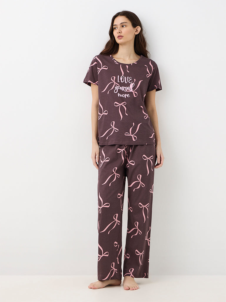 Wunderlove Dark Brown Bow Design Cotton T-Shirt and Payjams Set