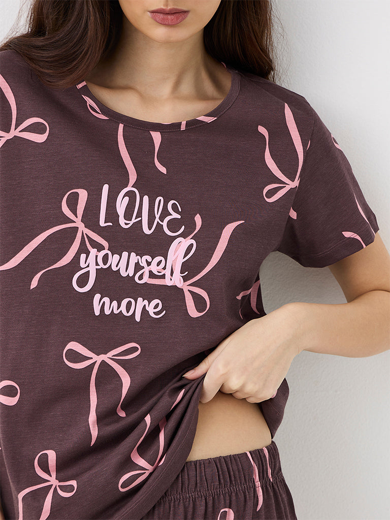 Wunderlove Dark Brown Bow Design Cotton T-Shirt and Payjams Set