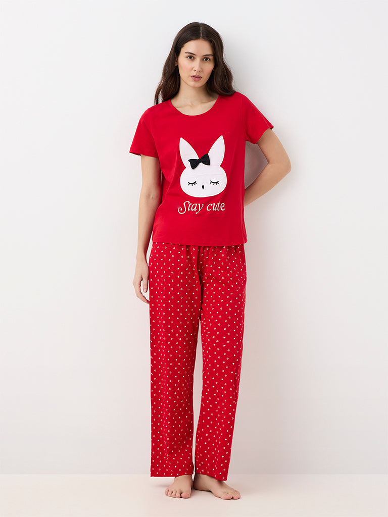 Wunderlove Red Bunny Design Cotton T-Shirt and Pyjamas Set