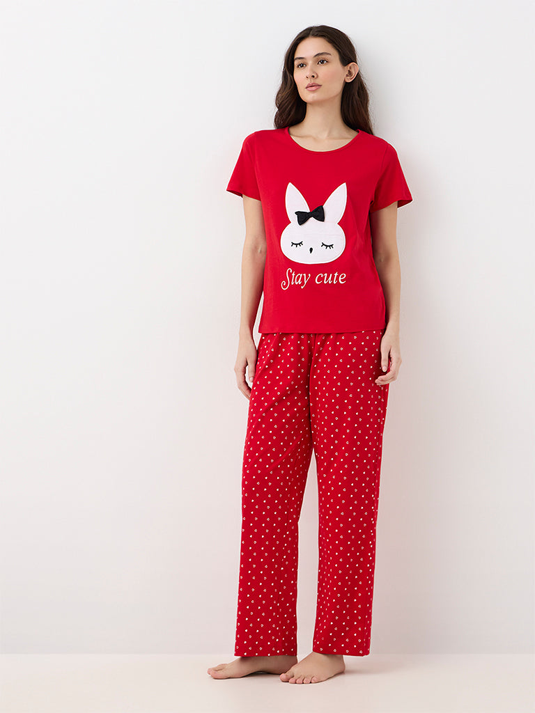 Wunderlove Red Bunny Design Cotton T-Shirt and Pyjamas Set