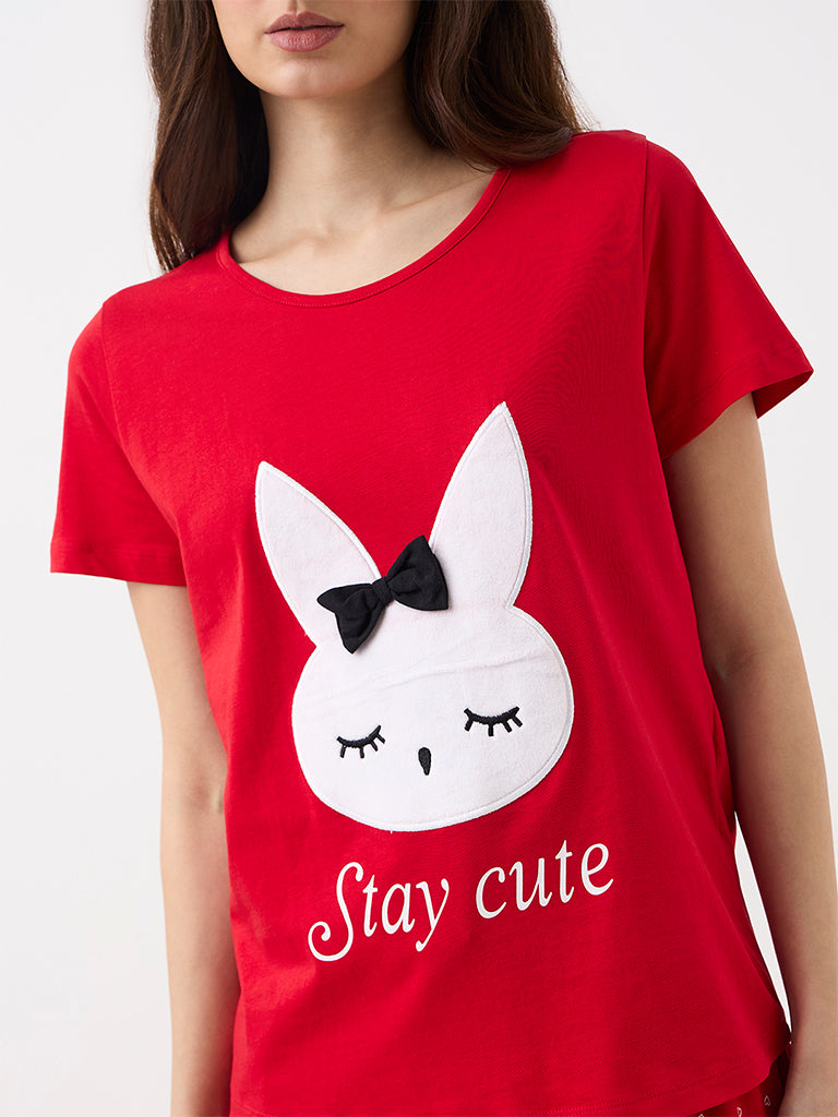 Wunderlove Red Bunny Design Cotton T-Shirt and Pyjamas Set