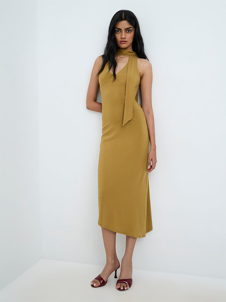 Nuon Mustard Solid A-Line Dress with Scarf