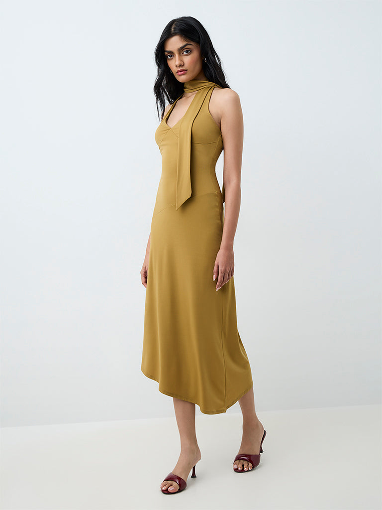 Nuon Mustard Solid A-Line Dress with Scarf