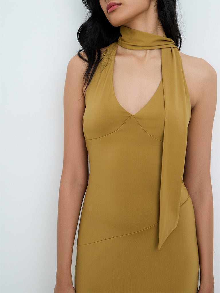 Nuon Mustard Solid A-Line Dress with Scarf