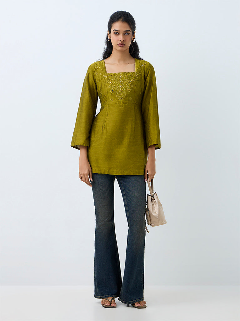 Utsa Olive Floral Embroidered Tunic
