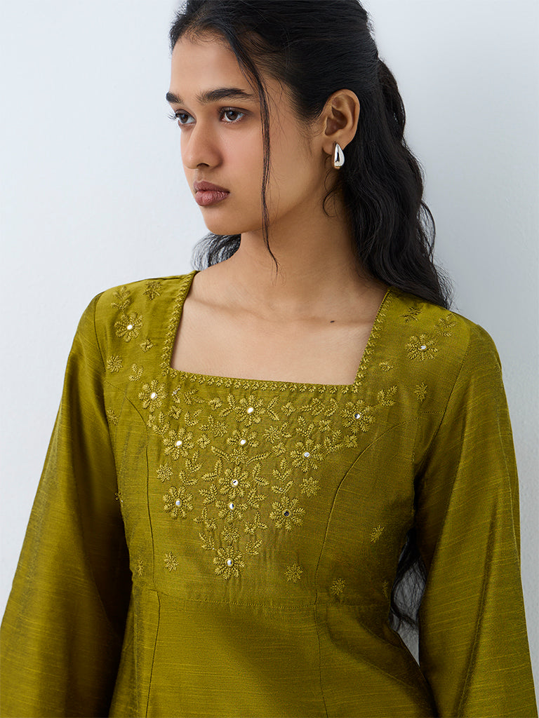 Utsa Olive Floral Embroidered Tunic