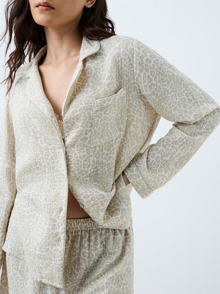 Wunderlove Sage Animal Printed Cotton Shirt and Shorts Set