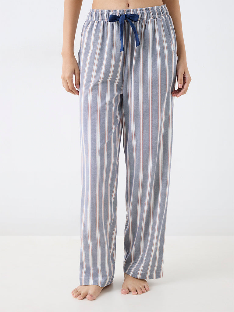 Wunderlove Navy Striped High-Rise Cotton Pyjamas