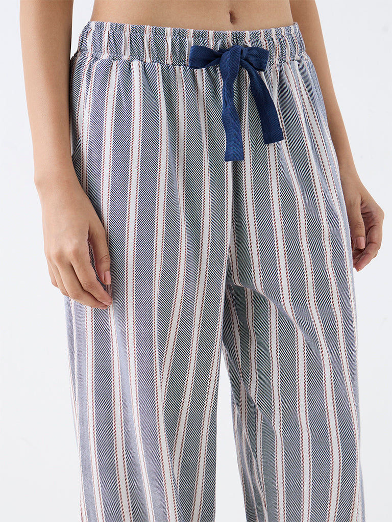 Wunderlove Navy Striped High-Rise Cotton Pyjamas