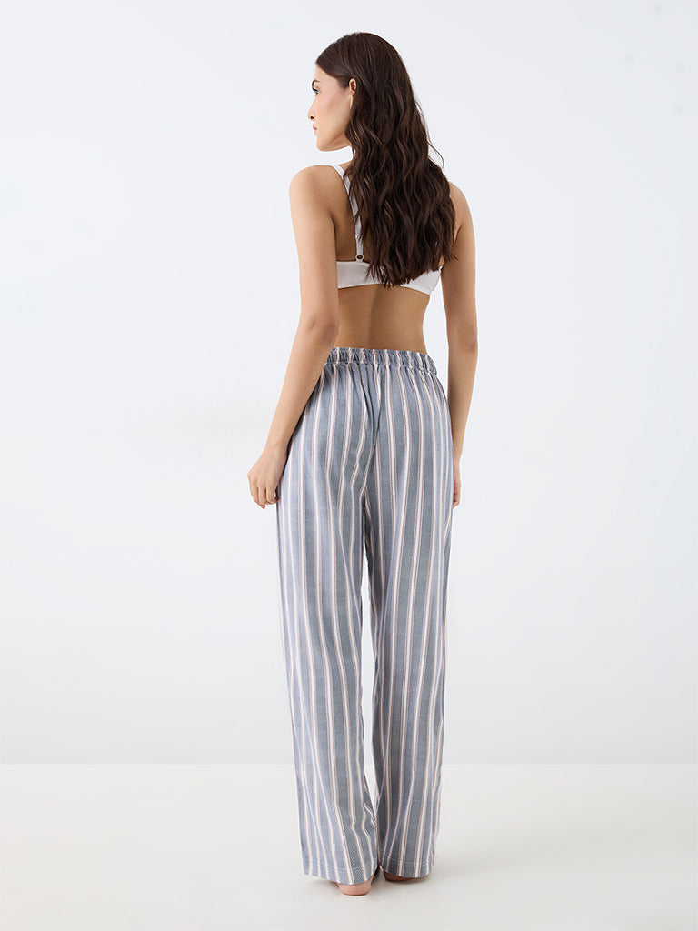 Wunderlove Navy Striped High-Rise Cotton Pyjamas