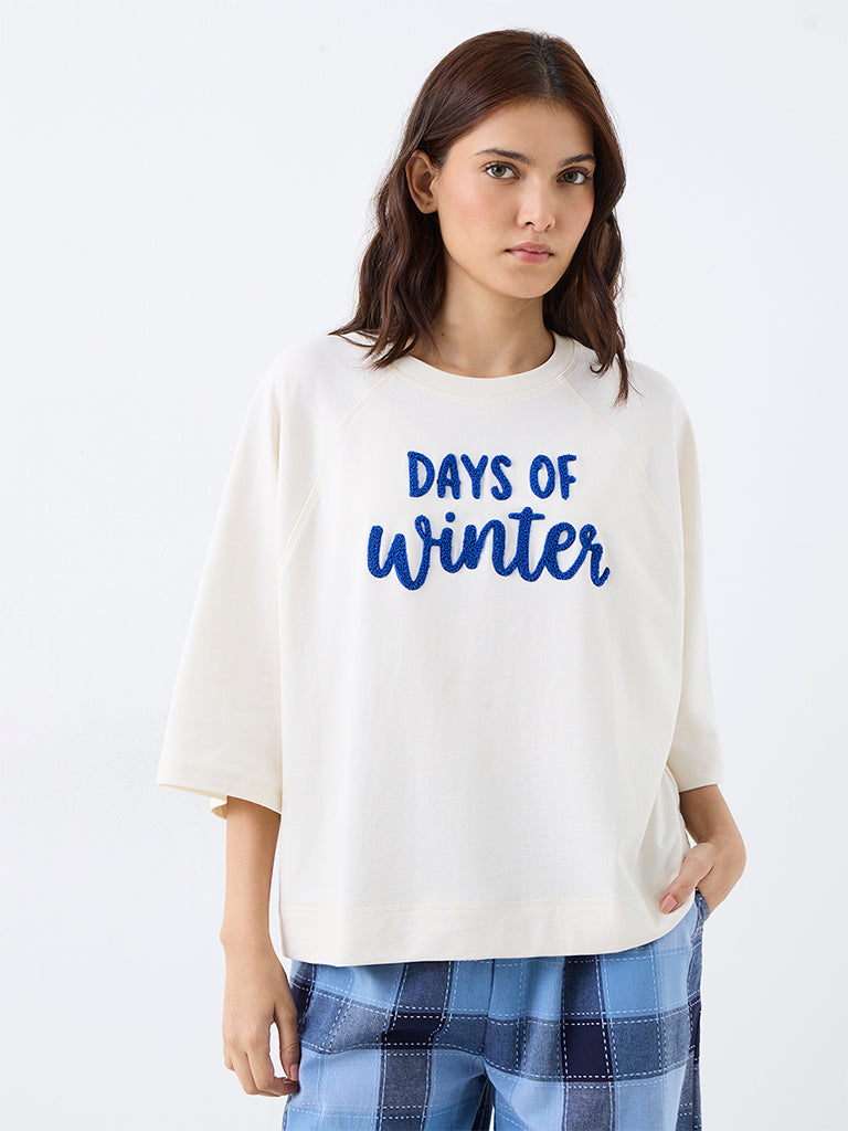Wunderlove Off-White Text Embroidered Cotton T-Shirt