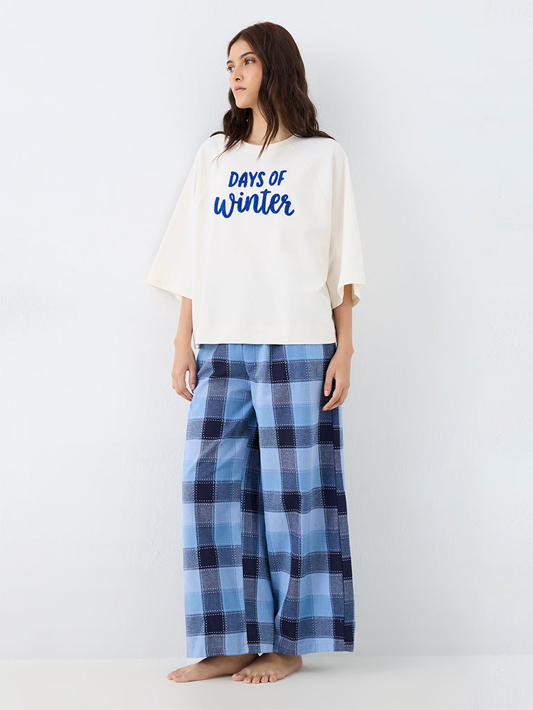 Wunderlove Off-White Text Embroidered Cotton T-Shirt