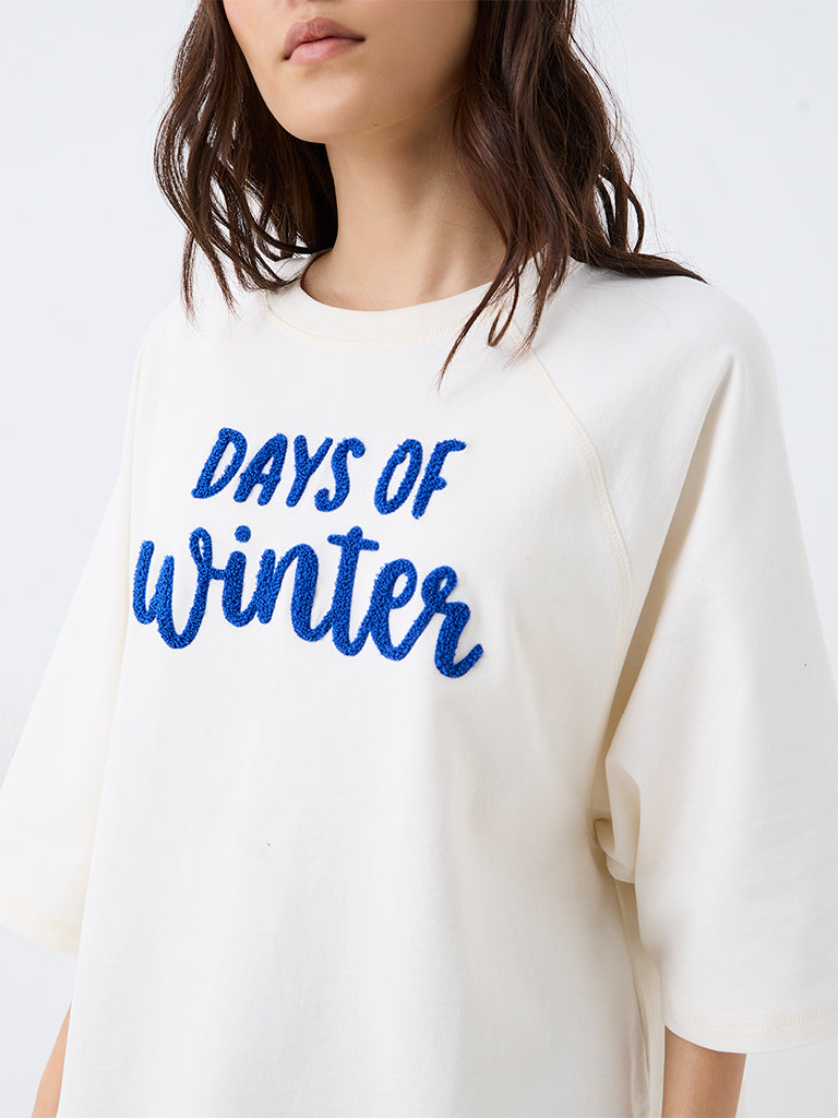 Wunderlove Off-White Text Embroidered Cotton T-Shirt