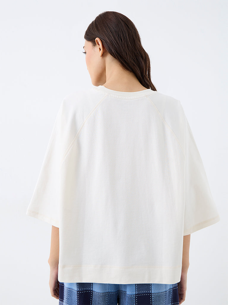 Wunderlove Off-White Text Embroidered Cotton T-Shirt