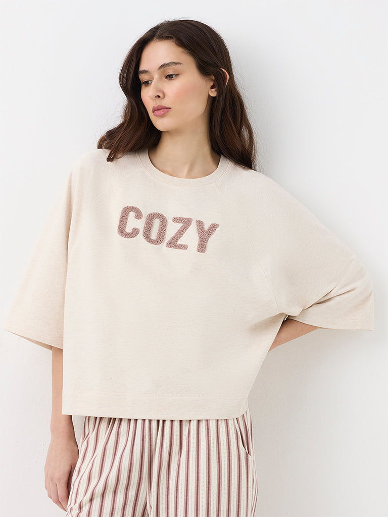 Wunderlove Light Beige Text-Design Cotton-Blend T-Shirt