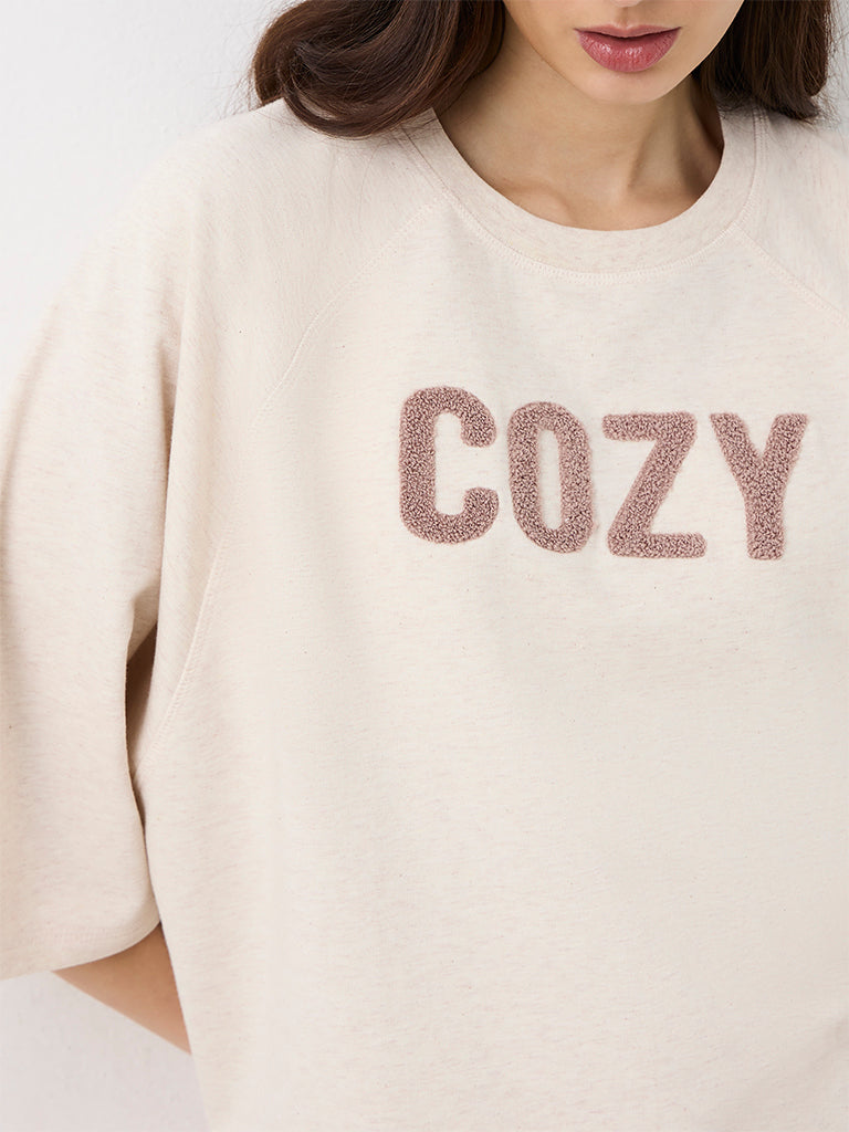 Wunderlove Light Beige Text-Design Cotton-Blend T-Shirt