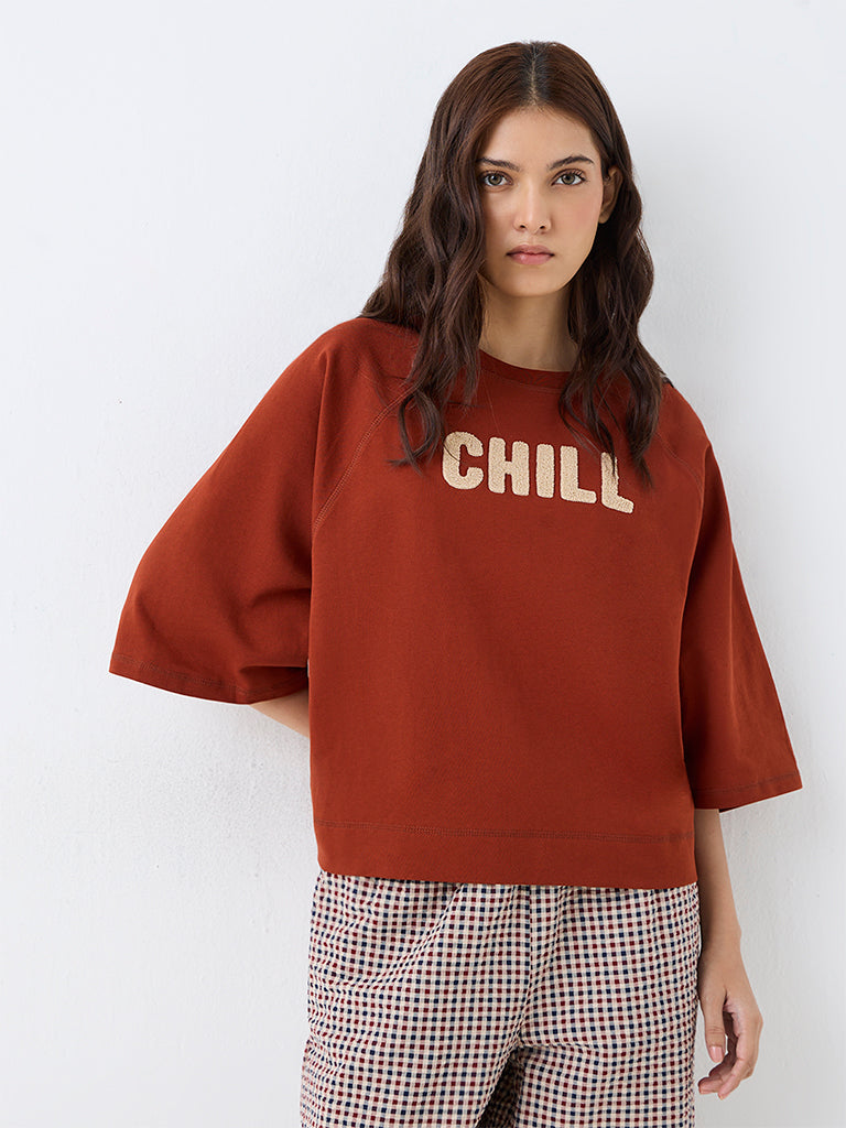 Wunderlove Rust Text Embroidered Cotton T-Shirt