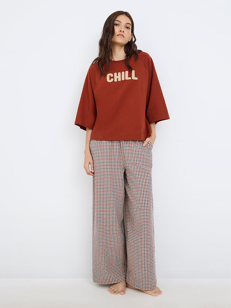 Wunderlove Rust Text Embroidered Cotton T-Shirt