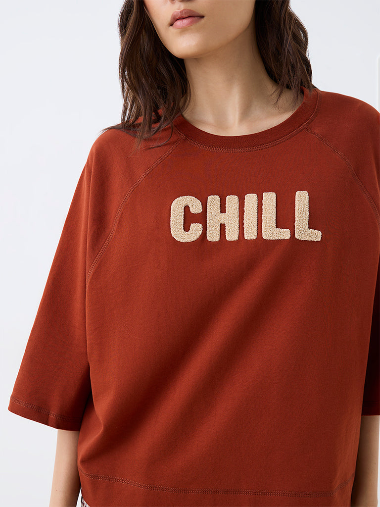 Wunderlove Rust Text Embroidered Cotton T-Shirt