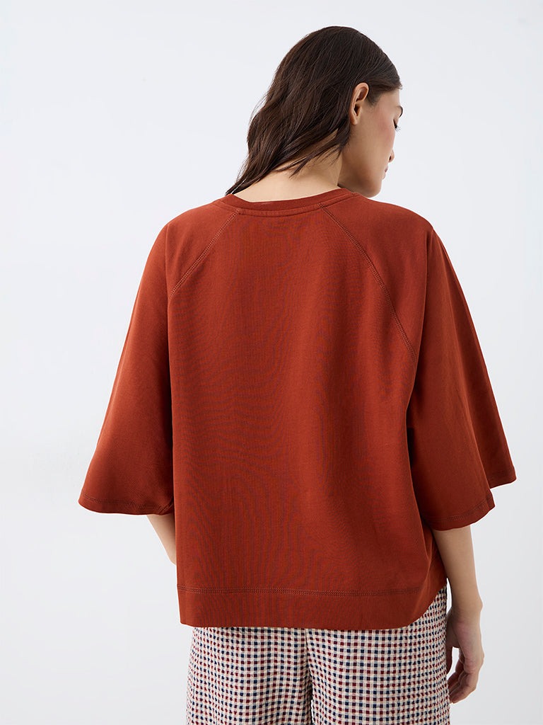 Wunderlove Rust Text Embroidered Cotton T-Shirt