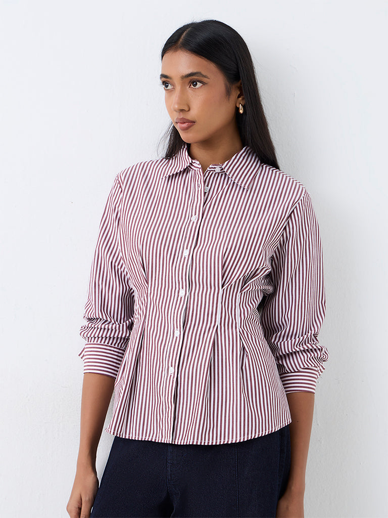 Wardrobe Burgundy Striped Fitted Cotton-Blend Shirt