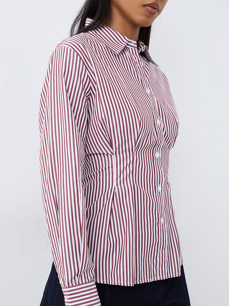 Wardrobe Burgundy Striped Fitted Cotton-Blend Shirt