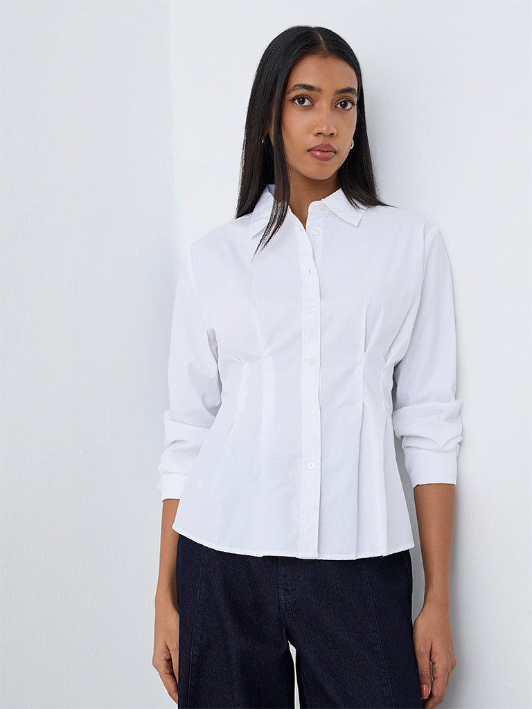 Wardrobe White Solid Fitted Cotton-Blend Shirt