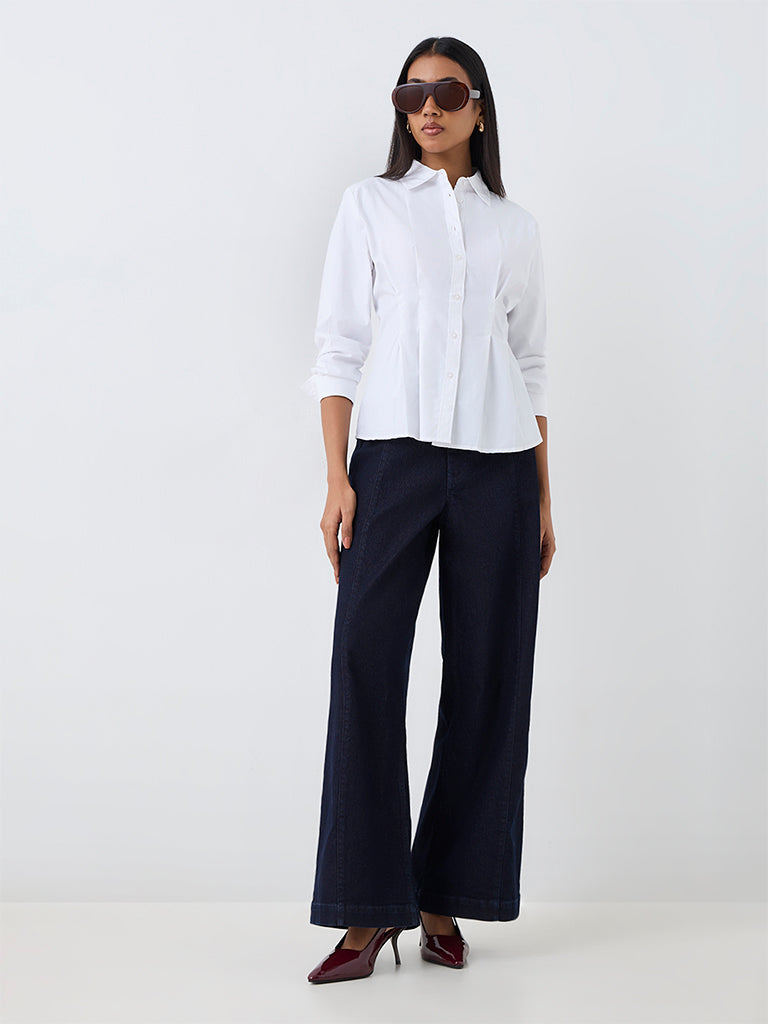 Wardrobe White Solid Fitted Cotton-Blend Shirt