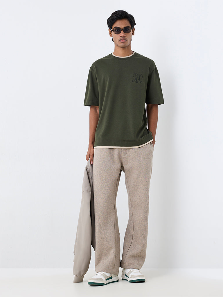 Nuoflexx Dark Olive Contrast-Detail Relaxed-Fit Cotton-Blend T-Shirt